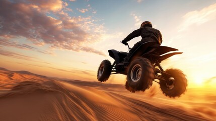 Fototapeta premium Offroad ATV jumping through sandy dunes intense action with dirt flying and sunset tones adrenalinefilled desert adventure theme