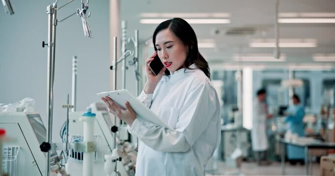 Woman, doctor and phone call with clipboard, smile or listen with paperwork at hospital. Japanese person, medic and smartphone with thinking, reading or list for healthcare service at wellness clinic