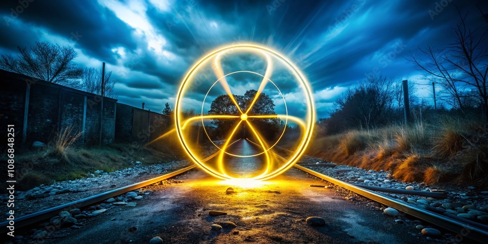 Poster Long Exposure of Radon Symbol with Ethereal Light Trails in a Darkened Environment, Capturing the Essence of Radioactivity and Natural Elements in a Striking Visual Display