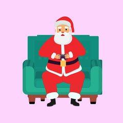 Santa Claus sitting on the sofa with playing a video game flat art vector illustration.