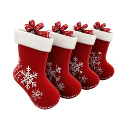 Four festive Christmas stockings decorated with snowflakes and bows.