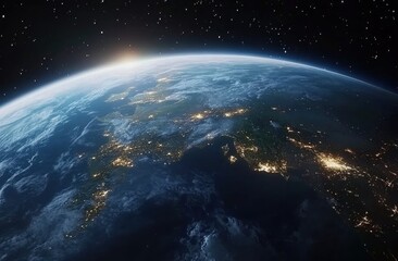 Fototapeta premium A Stunning View of Earth from Space at Night, Showcasing City Lights and Natural Landscapes Under a Starry Sky with a Glimmering Sunrise on the Horizon