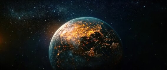 Obraz premium A Stunning Aerial View of Earth at Night Showcasing Illuminated Cities and Global Connectivity with Bright Lights and Patterns Against a Starry Background