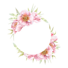 Floral wedding invitation template with paste pink peonies. Watercolor round wreath frame of white peony flowers isolated illustration. Garden roses clipart. Mothers Day stickers with copy space