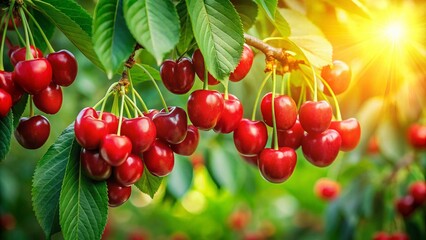 Obraz premium Long Exposure Photography of Ripe Cherries Hanging on a Tree Branch Under Soft Natural Light, Capturing the Beauty of Summer Fruits in a Dreamy, Ethereal Atmosphere