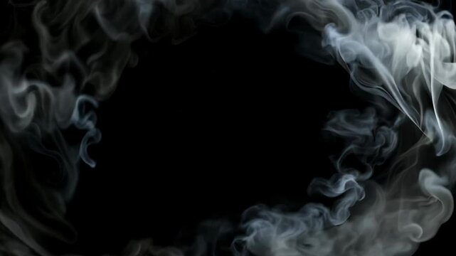 Camera moves throygh a circular formation of swirling white smoke against a solid black background, creating a dramatic visual effect