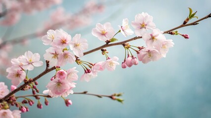 Soft pink cherry blossom branches against a pale blue gradient background, branch, blossom, pastel, spring, cherry blossom pattern