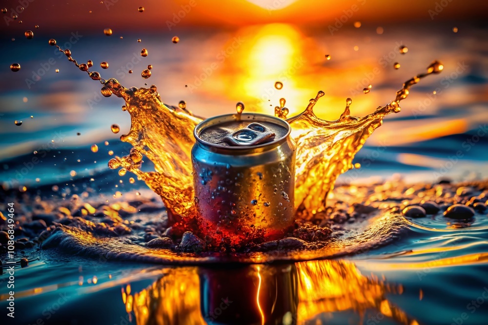 Poster low light photography of a soda can resting on water, capturing the moment of a dynamic splash and r