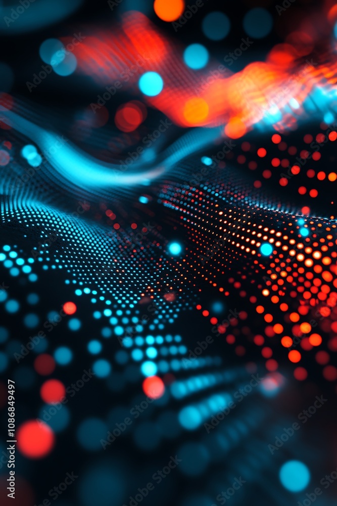 Poster abstract colorful bokeh dots and waves creating a dynamic visual display of light, energy, and techn