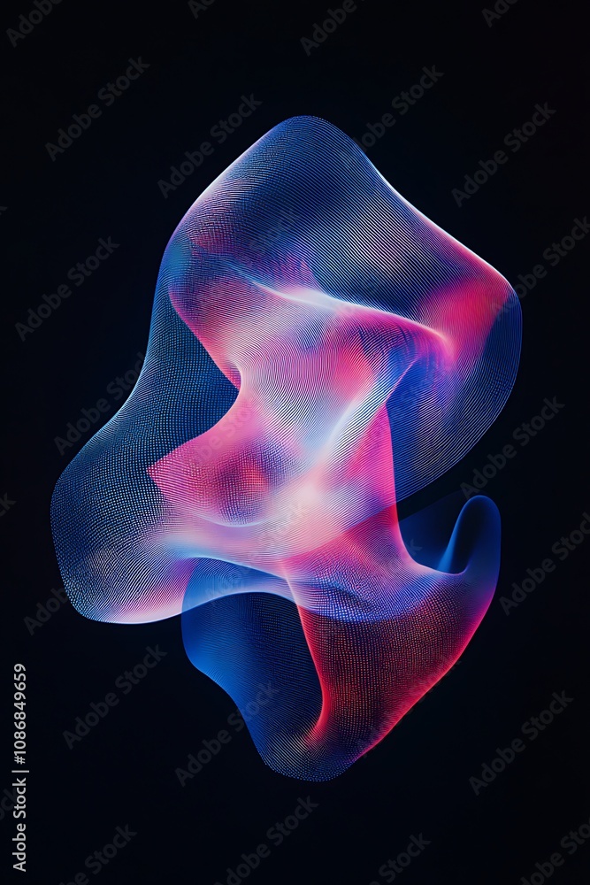 Poster abstract colorful digital composition of flowing shapes with smooth curves and gradients, creating a