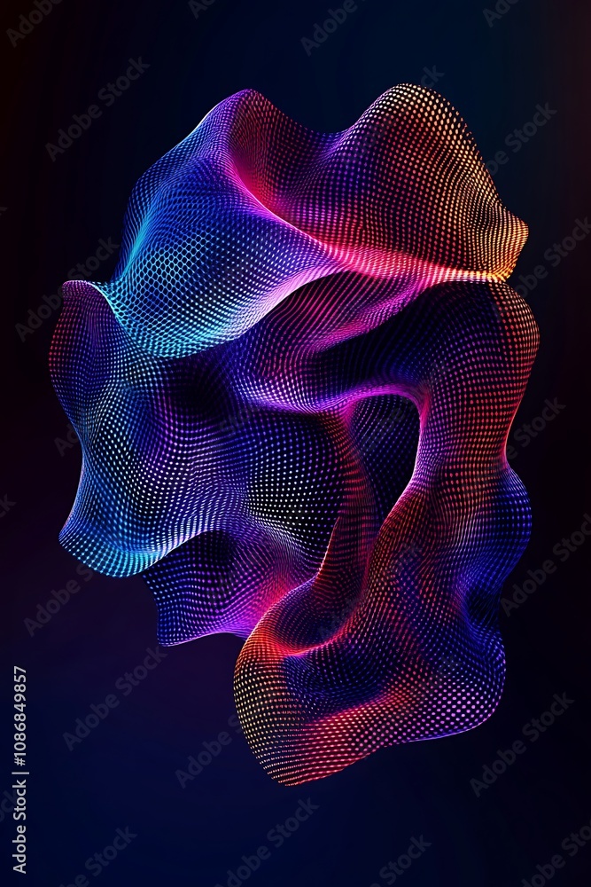 Poster abstract colorful flowing wave form with dots on dark background for creative digital artwork or sto