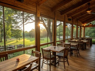 Rustic Restaurant Interior with Wooden Bar, Tables, and Chairs Overlooking Park Through Large Windows - Ideal for Landscape Photography, Interior Design, and Nature Views