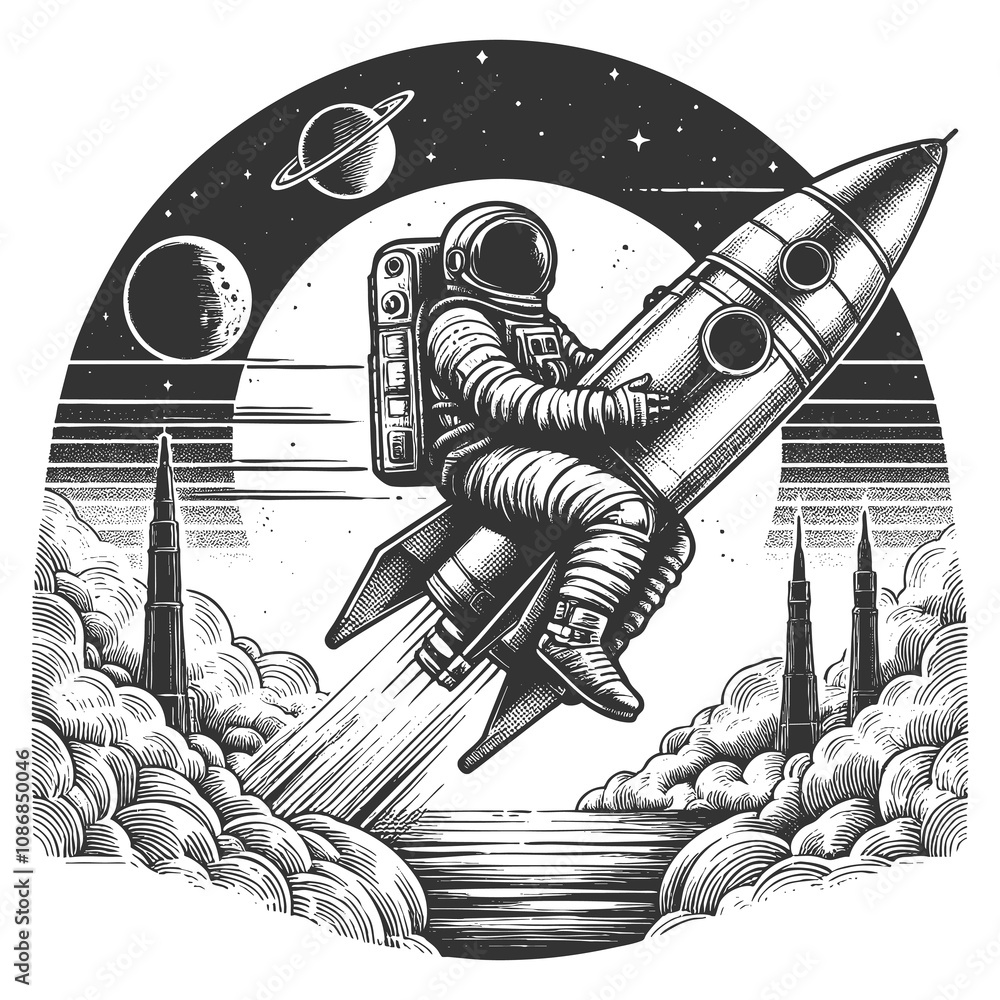 Poster astronaut giving a peace sign while riding a rocket through space, capturing adventure and whimsy sk