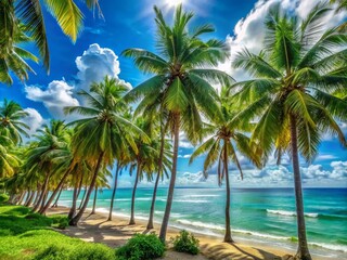 Obraz premium Lush Coconut Trees on a Serene Beach – Captivating Timelapse Animation Background in 4K – Tropical Paradise Vibes with Gentle Waves and Clear Blue Skies