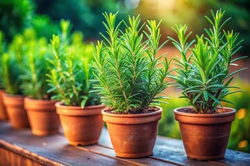 Fototapeta premium Lush Fresh Green Rosemary Plants in Decorative Pots Capturing the Essence of Herb Gardening with High Depth of Field for Culinary and Aromatic Uses