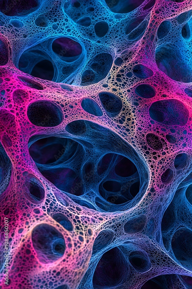 Poster abstract colorful network of cells with intricate structures in blue and pink tones, capturing the e