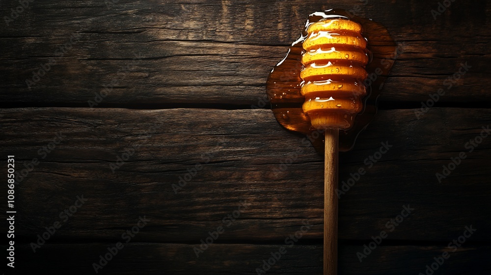 Poster here's a description following your specifications honey dipper with dripping honey on rustic wood.