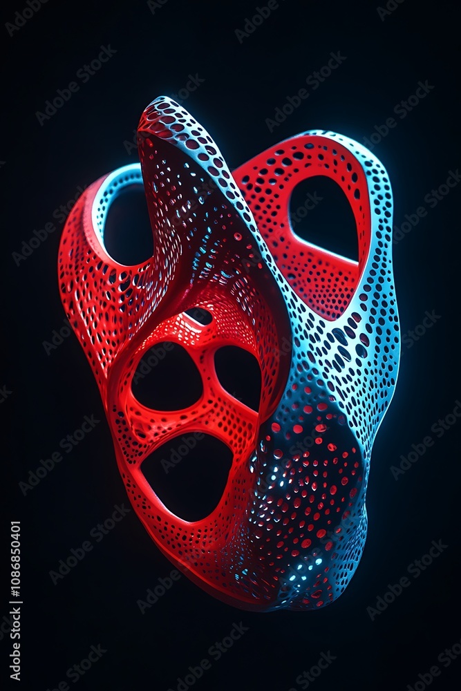 Poster abstract colorful sculpture with intricate patterns and curvaceous forms, illuminated against a blac