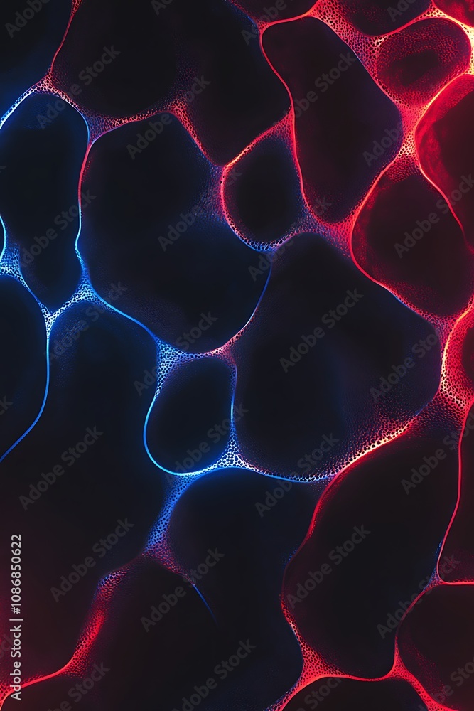 Poster abstract colorful surface pattern with glowing blue and red shapes on a dark background, creating a 