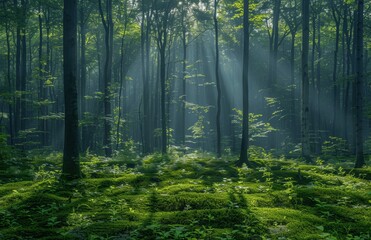 Obraz premium Sunlit Forest Path in Misty Morning