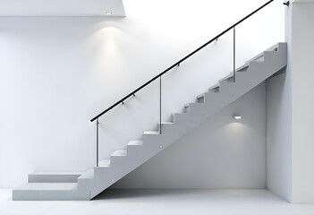 Elegant and spacious open plan new build interior spaces with concrete floors and designer decor. White interior, white steps and glass railings. Mock-up for a designer. Spacious room filled with ligh