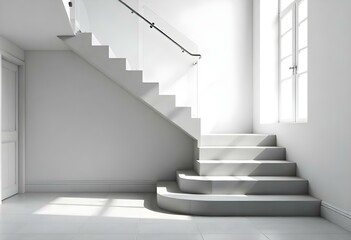 Elegant and spacious open plan new build interior spaces with concrete floors and designer decor. White interior, white steps and glass railings. Mock-up for a designer. Spacious room filled with ligh