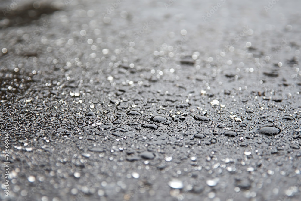 Poster close-up of raindrops on wet surface with reflections and textures captured in natural light for use