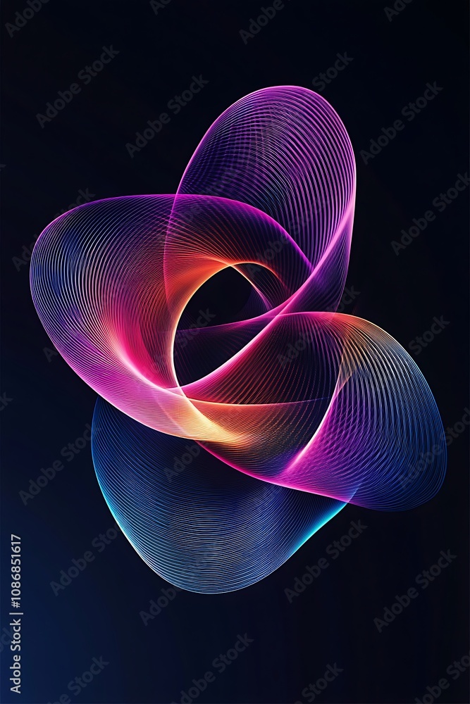 Poster abstract composition of colorful flowing lines and curves on a dark background creating a whimsical 