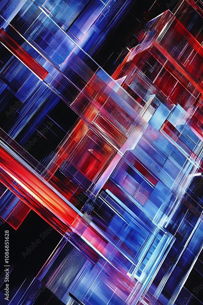 Poster abstract composition of colorful geometric shapes in a dynamic blue and red design with light reflec