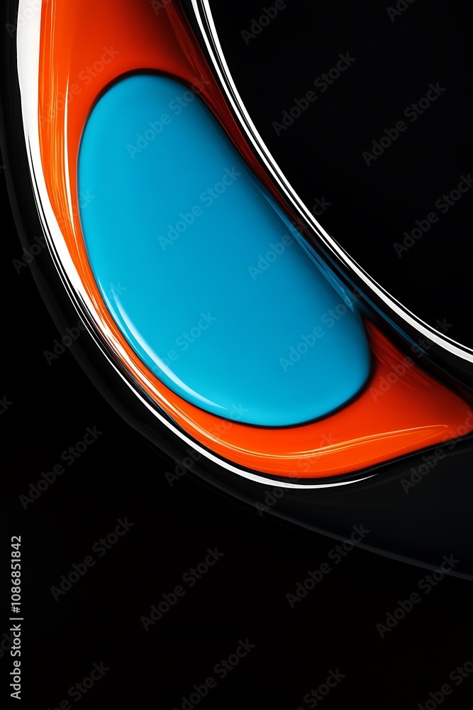 Poster Abstract Composition of Curved Shapes Featuring Bright Blue and Orange Colors Against a Dark Background for Use in Modern Design Projects