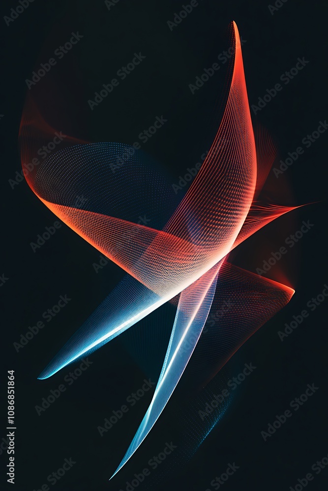 Poster abstract composition of dynamic colorful lines and waves in red and blue tones against a dark backgr