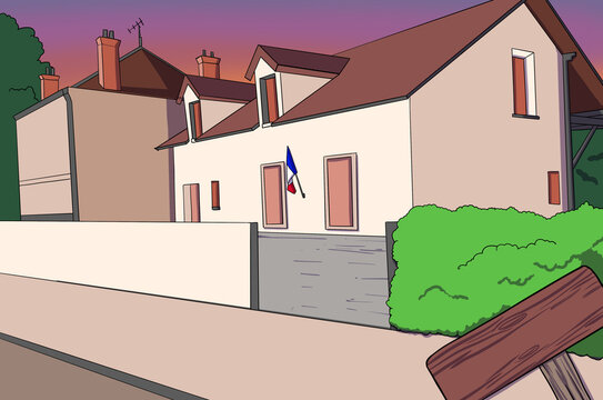 Neighborhood, house, housing area, france, french flah, empty wooden plate, green bush, sunset sky