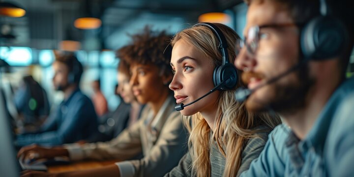 Focused individuals in a busy call center, showcasing teamwork and professionalism. The environment reflects a modern workspace with technology integration.