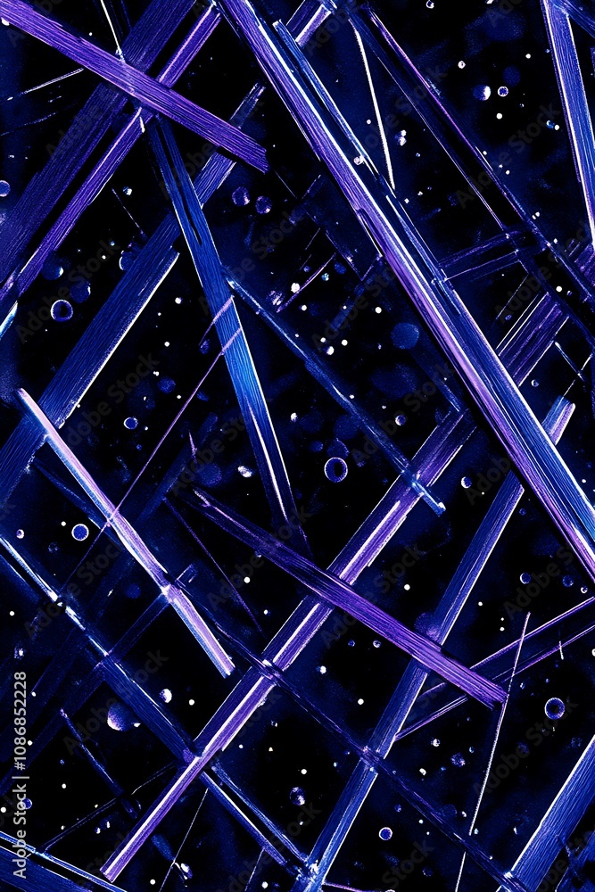 Poster abstract composition of intersecting lines and shapes in shades of purple and blue against a dark ba