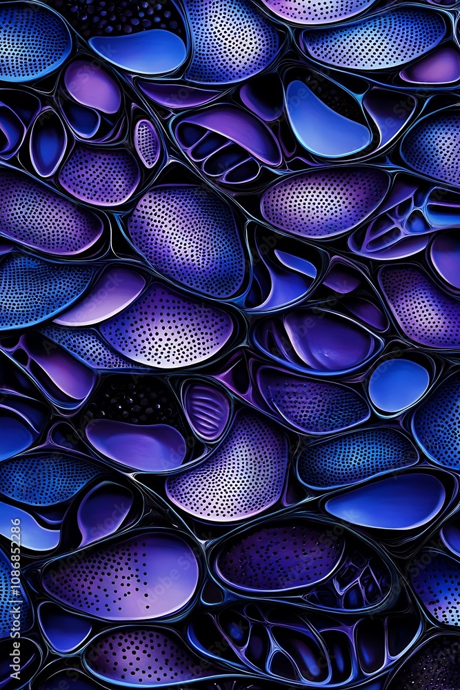 Poster abstract composition of organic shapes and textures in vibrant shades of purple and blue, creating a