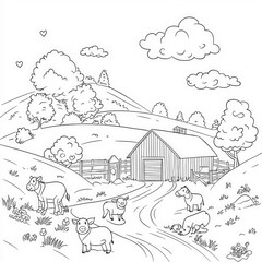 Obraz premium A farm with animals and a barn, coloring page for kids, simple outline illustration. Coloring book, simple lines.