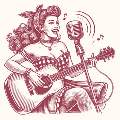 Retro Pin-Up Girl Singing and Playing Guitar Vector Illustration in Engraving Style with Retro Microphone and Musical Notes