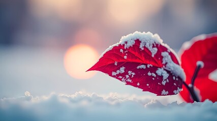 A lone crimson leaf, dusted with snow, stands out against a blurred background of a setting sun, symbolizing the beauty of nature's transitions.
