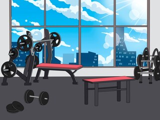 Fototapeta premium City sport club empty interior cartoon. Various fitness equipment and machines for body workout and exercises with weights in spacious gym. big window. Active and healthy lifestyle, city background