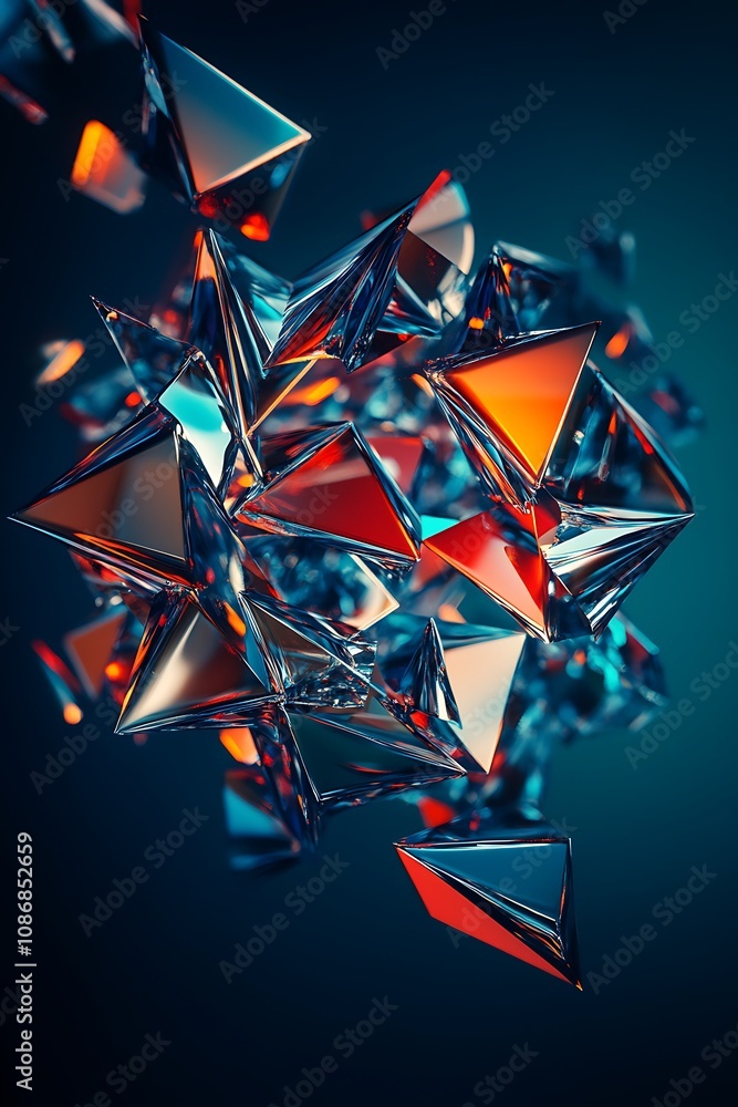 Poster abstract composition of shimmering triangular crystals in vibrant colors with reflection and refract