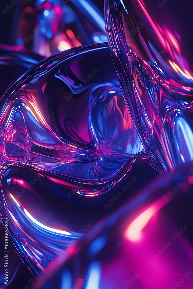 Poster abstract composition of shiny and reflective surfaces with vibrant colors and fluid shapes displayin