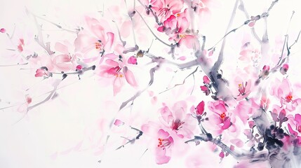 Pink Peach Blossoms on White Background - a delicate and refreshing visual. The soft blossoms create a serene and charming atmosphere.