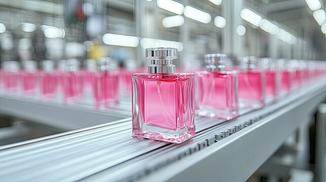 Modern factory conveyor belt with pink perfume bottles