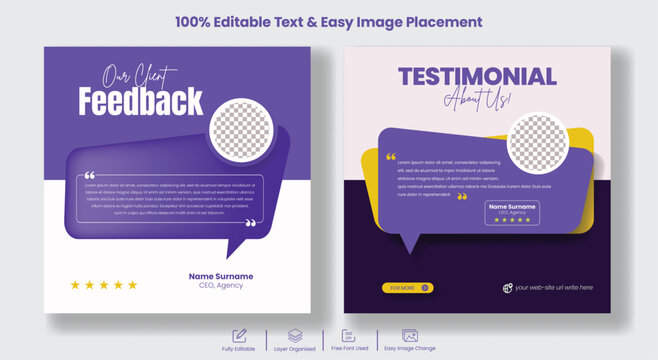 Customer review testimonial template for social media post banner ads and Client feedback square flyer or poster template Bundle, testimonial social media pack or ads collection