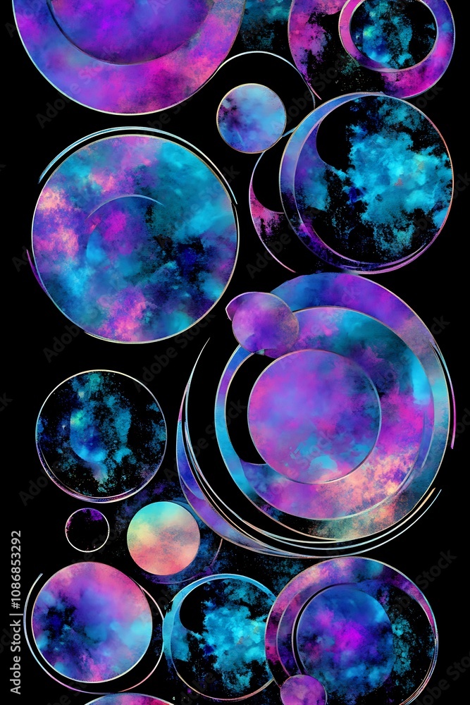Poster abstract cosmic background with colorful circles and swirls in vibrant blues and purples on a dark b