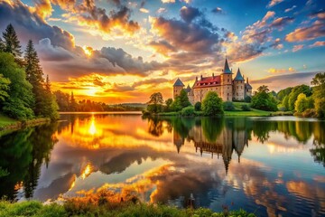Fototapeta premium Majestic Castle Overlooking Serene Lake at Sunset, Perfect for Scenic Landscape Photography with Majestic Reflections and Lush Surroundings