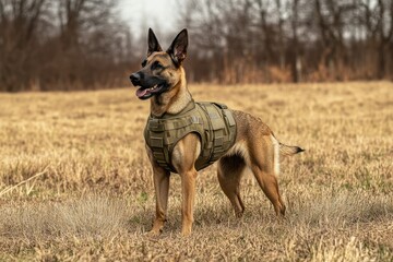 Belgian Malinois Training in a Field: A Belgian Malinois wearing a training vest