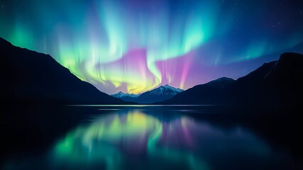 Spectacular Northern Lights Display Over Serene Mountain Lake With Silhouettes of Peaks Reflecting in Still Water
