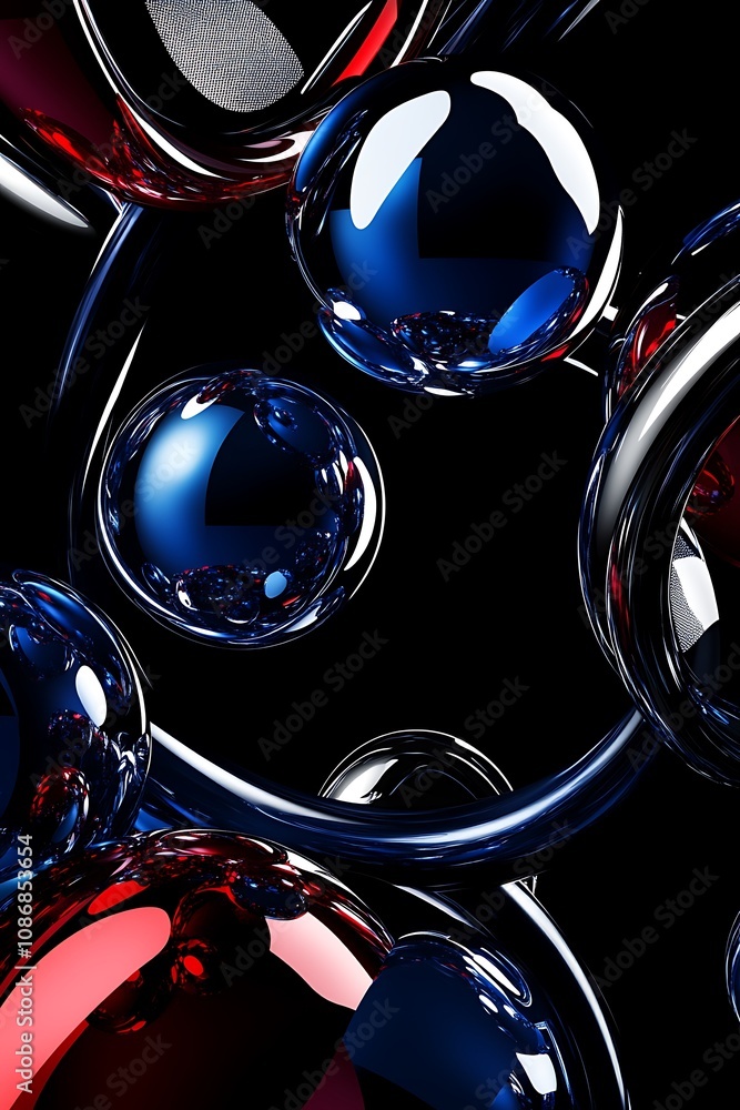 Poster abstract deep space background with glossy spheres and curved metallic lines on a dark backdrop, ide