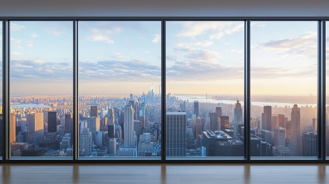 Interior view of an empty room in a skyscraper, showcasing the cityscape during the day. The skyline view from a high-rise window offers a gorgeous property with a stunning view.